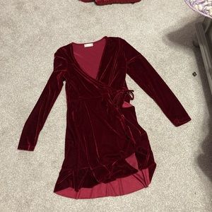 red velvety dress with slit and string tie